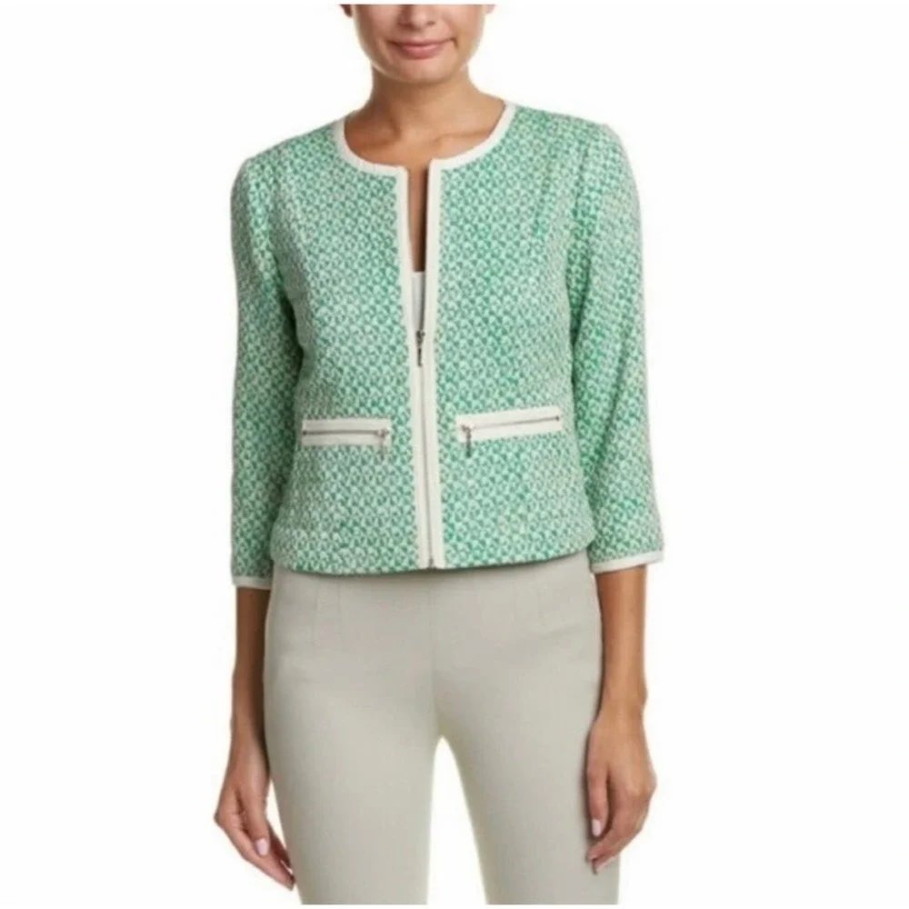 Cabi Clover Tweed Jacket 726 Green White Zip Front 3/4 Sleeve Women Size 10 NWT